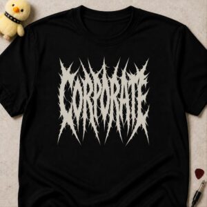 Black t-shirt printed CORPORATE in illegible spiky death metal lettering