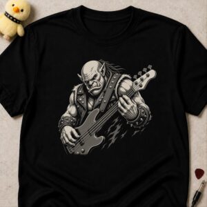 Black t-shirt printed with an orc in a studded leather jacket playing a bass guitar