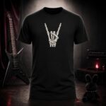 Skeleton devil horns hand t-shirt shown on a ghost mannequin, black, front view