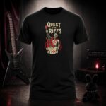 QUEST FOR RIFFS skeleton crusader t-shirt shown on a ghost mannequin, black, front view