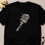 Black t-shirt printed with a vintage microphone drawn as a spiked medieval mace