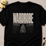Black t-shirt printed WARDROBE above a bat hanging upside down from a rail of identical black clothes
