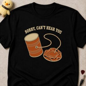 Black t-shirt printed SORRY, CAN'T HEAR YOU above a tin-can telephone with one can crushed flat