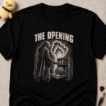 Black t-shirt printed THE OPENING above a grim reaper opening a glowing dishwasher