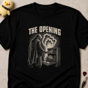 Black t-shirt printed THE OPENING above a grim reaper opening a glowing dishwasher