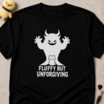 Black t-shirt printed FLUFFY BUT UNFORGIVING below a tiny white kitten casting a huge horned monster shadow