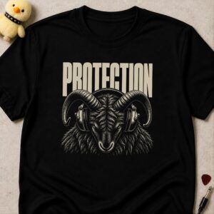 Black t-shirt printed PROTECTION above a horned ram wearing ear defenders