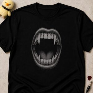 Black t-shirt printed with an open mouth baring vampire fangs