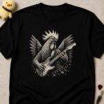 Black t-shirt printed with a rooster playing an electric guitar, wings spread