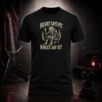 HEART SAYS PIT KNEES SAY SIT skeleton t-shirt shown on a ghost mannequin, black, front view
