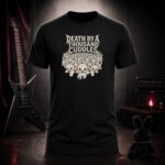 DEATH BY A THOUSAND CUDDLES horde of bunnies t-shirt shown on a ghost mannequin, black, front view