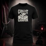 CUDDLE PIT CHAMPION plush bunny champion t-shirt shown on a ghost mannequin, black, front view