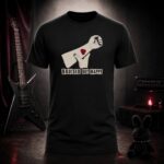BRUISED BUT HAPPY raised fist t-shirt shown on a ghost mannequin, black, front view