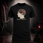 HEAVY MENTAL amplifier-knob brain t-shirt shown on a ghost mannequin, black, front view