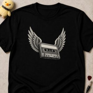 Black t-shirt printed with a cassette tape with feathered wings