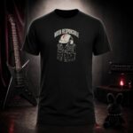 MOSH RESPONSIBLE hard hat and battle vest t-shirt shown on a ghost mannequin, black, front view