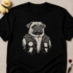 Black t-shirt printed with a pug wearing a studded leather battle vest