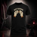 RIFF HAPPENS snapped guitar pick t-shirt shown on a ghost mannequin, black, front view