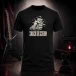 SNACK OR SCREAM crushed juice carton t-shirt shown on a ghost mannequin, black, front view