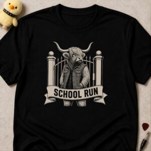 Black t-shirt printed SCHOOL RUN on a banner below a highland cow in a studded denim vest at a school gate