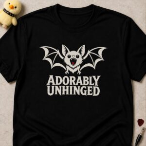 Black t-shirt printed ADORABLY UNHINGED under a fanged bat with spread wings