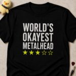 Black t-shirt printed WORLD'S OKAYEST METALHEAD above a five-star rating with only three stars filled in