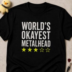 Black t-shirt printed WORLD'S OKAYEST METALHEAD above a five-star rating with only three stars filled in