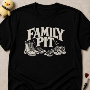 Black t-shirt printed FAMILY PIT above a row of combat boots and sneakers in adult and kid sizes