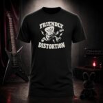 FRIENDLY DISTORTION guitar pick t-shirt shown on a ghost mannequin, black, front view