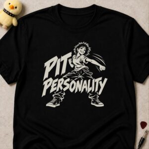 Black t-shirt printed PIT PERSONALITY in slanted brush lettering around a shaggy-haired mosher throwing a punch mid-mosh