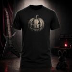 carved jack-o'-lantern t-shirt shown on a ghost mannequin, black, front view