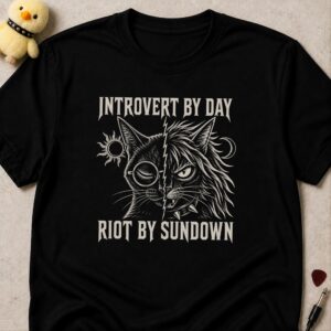 Black t-shirt printed INTROVERT BY DAY RIOT BY SUNDOWN around a cat's face split between a calm half and a snarling half