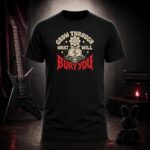 GROW THROUGH WHAT WILL BURY YOU flower gravestone t-shirt shown on a ghost mannequin, black, front view