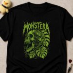 Black t-shirt printed MONSTERA in green metal lettering above a green skull wrapped in monstera leaves