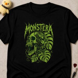 Black t-shirt printed MONSTERA in green metal lettering above a green skull wrapped in monstera leaves