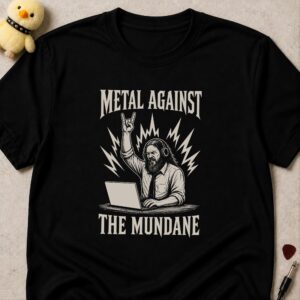 Black t-shirt printed METAL AGAINST THE MUNDANE around a bearded office worker at a laptop throwing devil horns