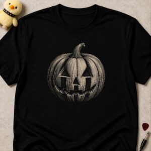 Black t-shirt printed with a carved jack-o'-lantern drawn in fine white line art