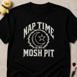 Black t-shirt printed NAP TIME IS MY MOSH PIT around a crescent moon and star in a thorned wreath