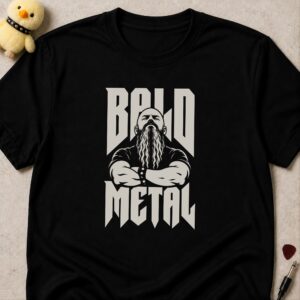 Black t-shirt printed BALD METAL in spiky metal lettering around a bald man with a long braided beard and crossed arms