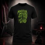 MONSTERA green skull in monstera leaves t-shirt shown on a ghost mannequin, black, front view