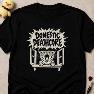 Black t-shirt printed DOMESTIC DEATHCORE in a spiky burst above a cat screaming out of an open window