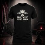 ANGRY MUSIC QUIET BRAIN skull headphones t-shirt shown on a ghost mannequin, black, front view
