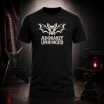 ADORABLY UNHINGED bat t-shirt shown on a ghost mannequin, black, front view