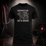 INTROVERT BY DAY RIOT BY SUNDOWN split cat face t-shirt shown on a ghost mannequin, black, front view