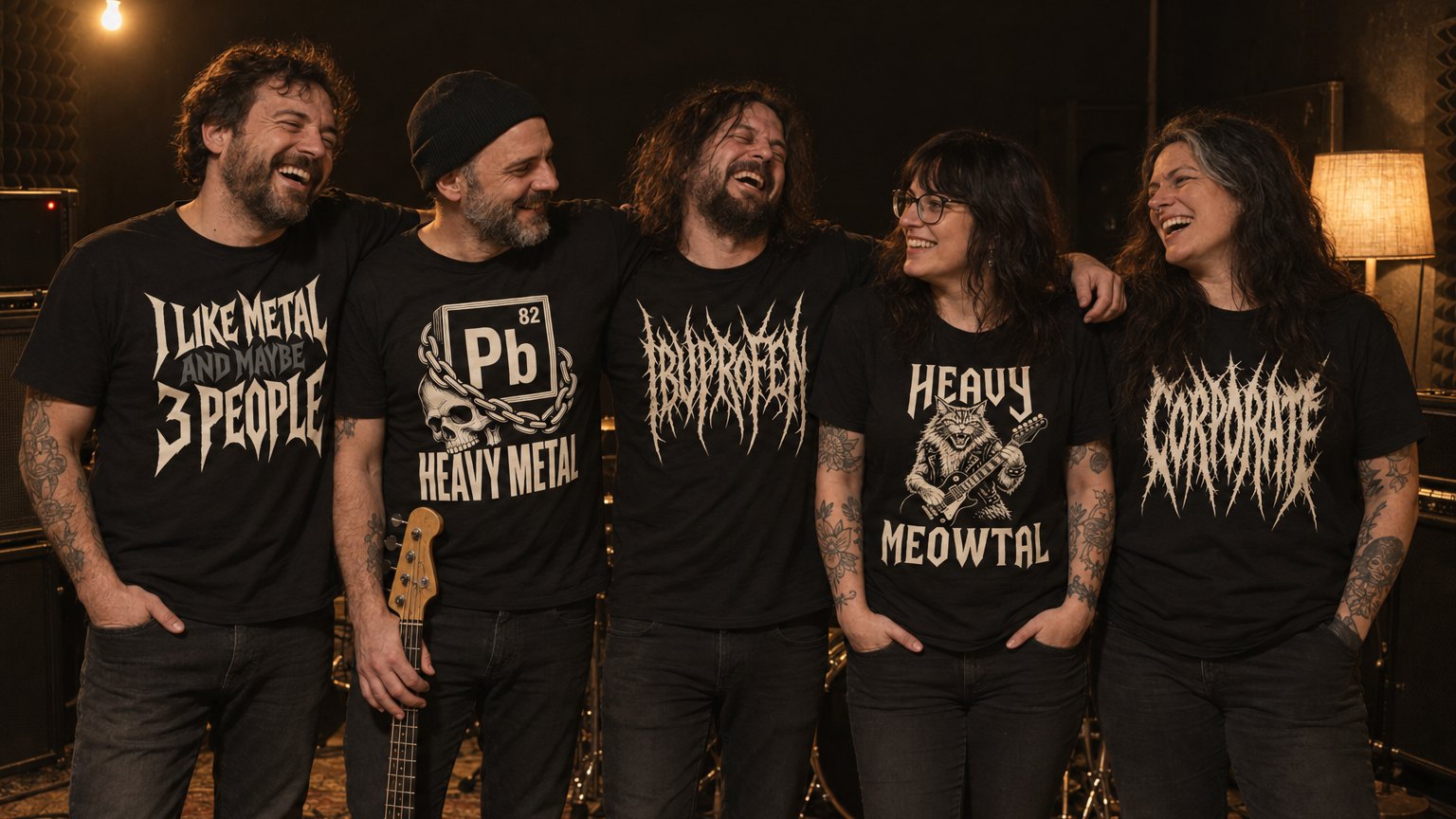 Five friends laughing in a band rehearsal room, each wearing a black MoshTee metal tee: I Like Metal and Maybe 3 People, Pb 82 Heavy Metal, Ibuprofen, Heavy Meowtal and Corporate
