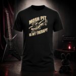 MOSH PIT IS MY THERAPY moshing man t-shirt shown on a ghost mannequin, black, front view