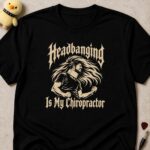 Black t-shirt printed HEADBANGING IS MY CHIROPRACTOR in cream gothic lettering around a long-haired headbanger wearing a neck brace