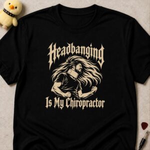 Black t-shirt printed HEADBANGING IS MY CHIROPRACTOR in cream gothic lettering around a long-haired headbanger wearing a neck brace