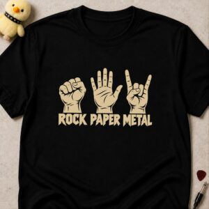 Black t-shirt printed ROCK PAPER METAL under three cream hands: a fist, an open palm and devil horns