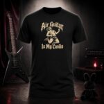 AIR GUITAR IS MY CARDIO jumping air guitarist t-shirt shown on a ghost mannequin, black, front view
